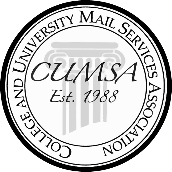 Seal of the College and University Mail Services Association, featuring a central pillar design. Text reads "CUMSA, Est. 1988" in elegant script.