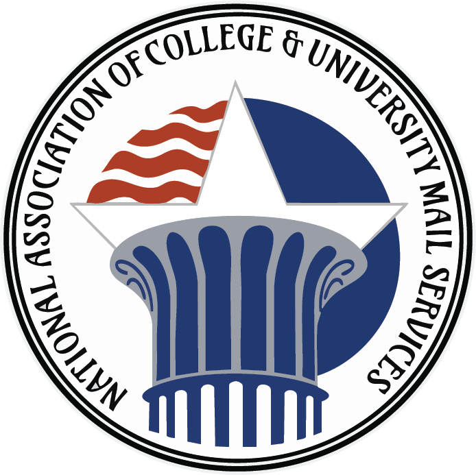 Logo of National Association of College & University Mail Services with a star, red waves, blue circle, and pillar, symbolizing communication and stability.